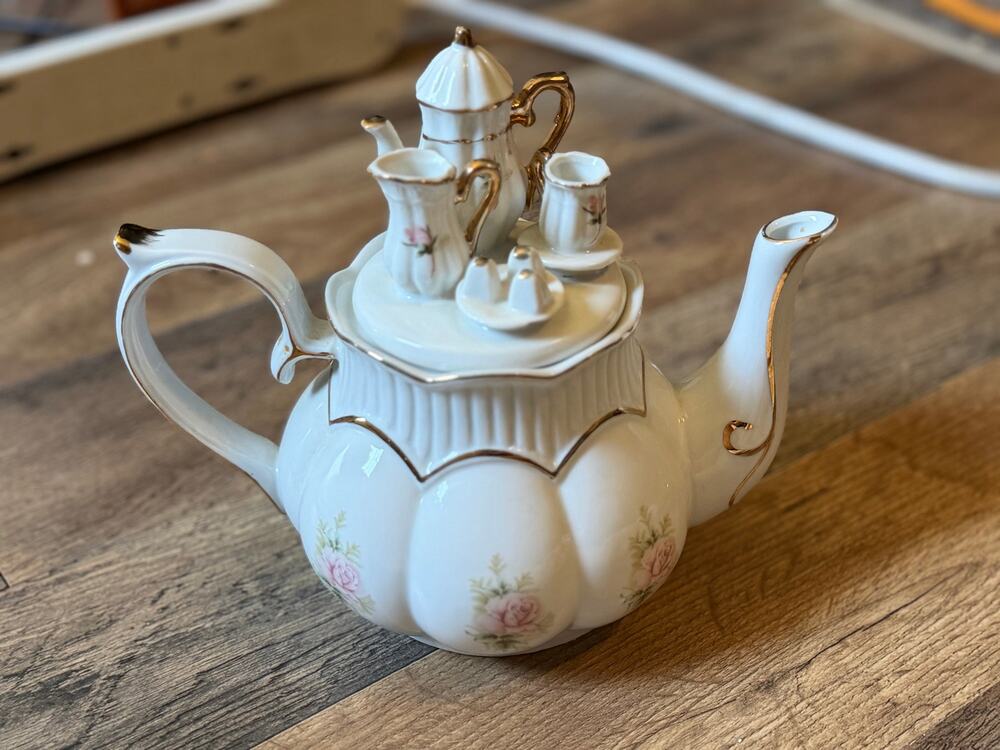 Decorative Floral Teapot with Mini Tea Set Lid White Gold Trim Cottagecore